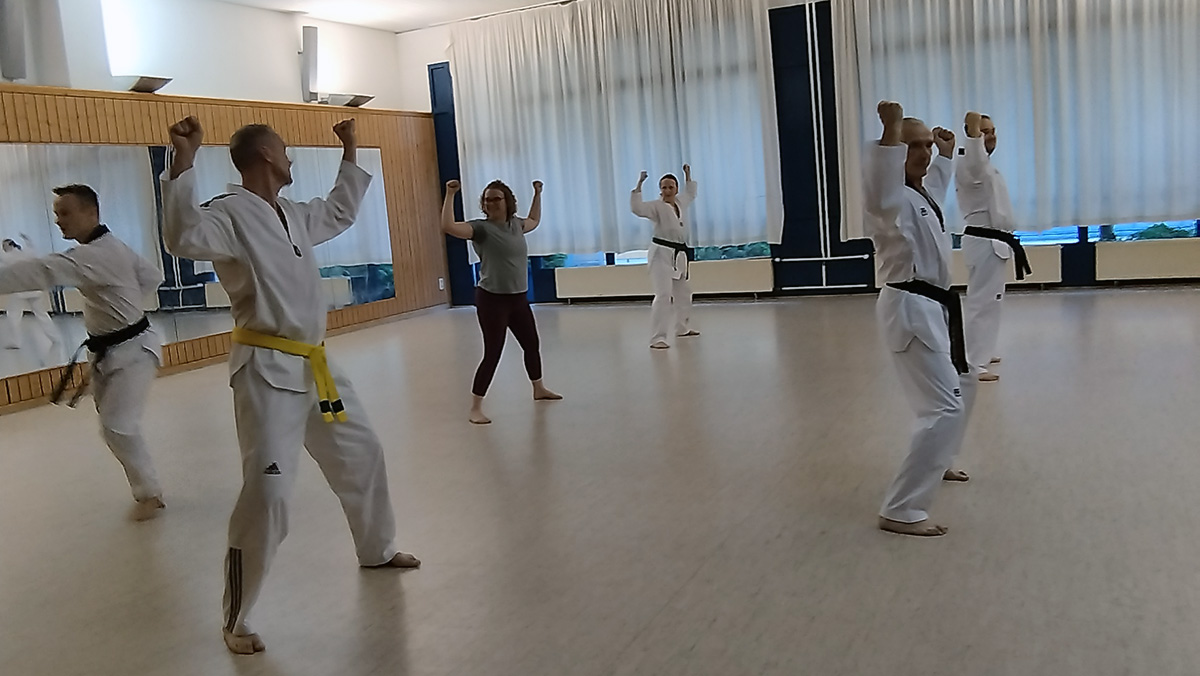 Gruppe im Dojo zeigt synchron erhobene Fäuste, Doboks mit bunten Gürteln, Spiegelwand.