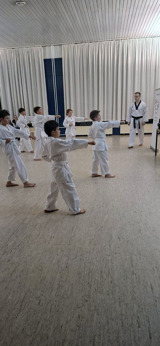 Kinder im weißen Dobok zeigen synchron einen Fauststoß, Prüfer mit schwarzem Gürtel beobachtet vorne.