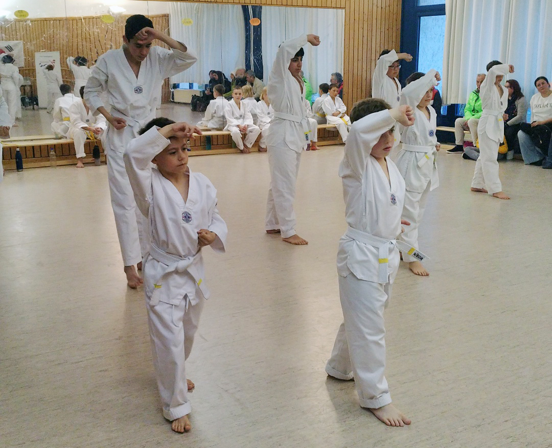 Gruppe Schüler zeigen ein Taekwondo-Technik