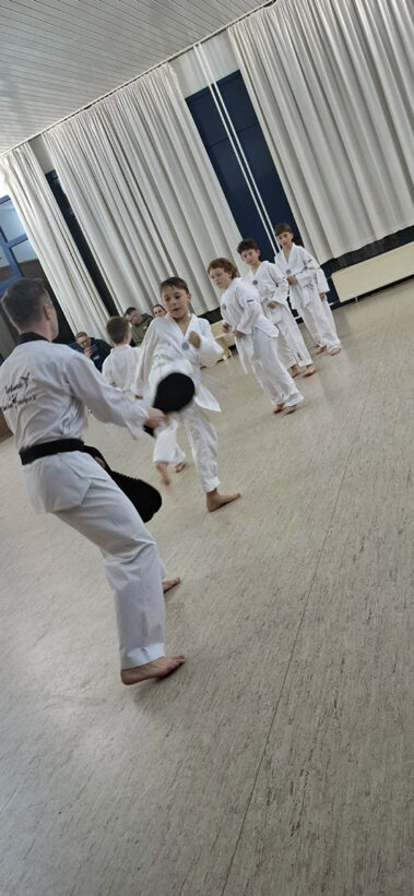 Kind tritt gegen Schlagpolster, andere warten, Trainer mit schwarzem Gürtel beobachtet.