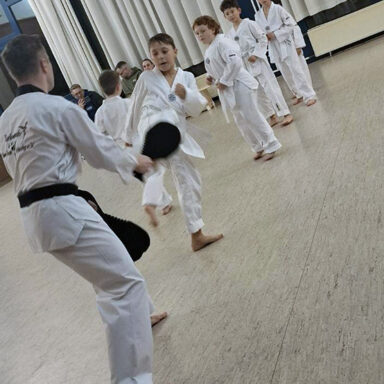 Kind tritt gegen Schlagpolster, andere warten, Trainer mit schwarzem Gürtel beobachtet.