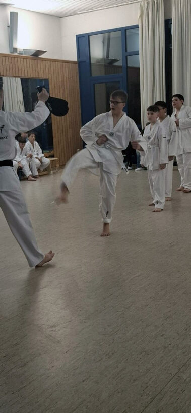 Kind tritt gegen Zielpolster, andere im weißen Dobok warten im Trainingsraum auf ihren Einsatz.