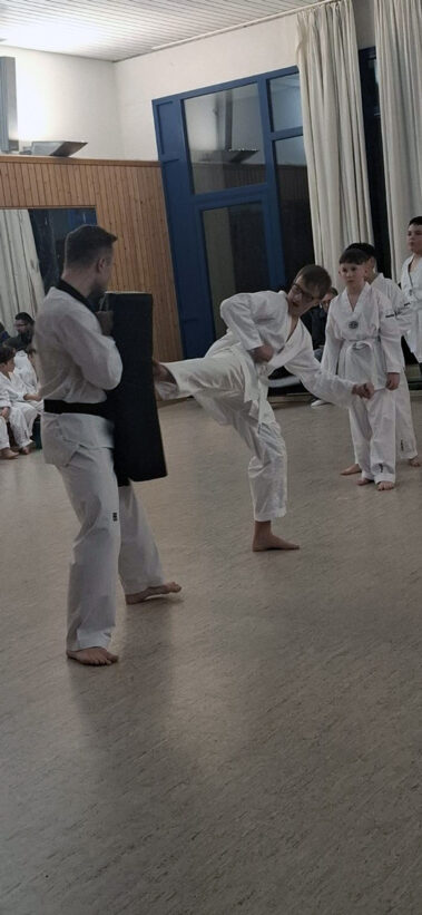 Kind zeigt Seitkick auf Schlagpolster, andere im weißen Dobok beobachten im Trainingsraum.