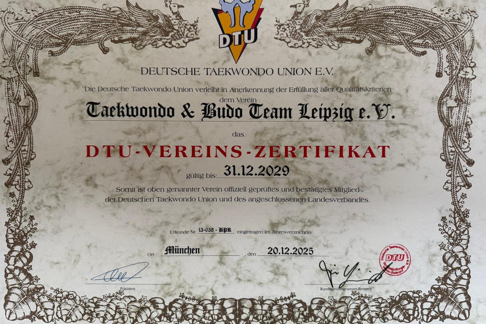 Qualitätssiegel DTU 2025 Urkunde der DTU zur Verleihung des DTU-Vereins-Zertifikates