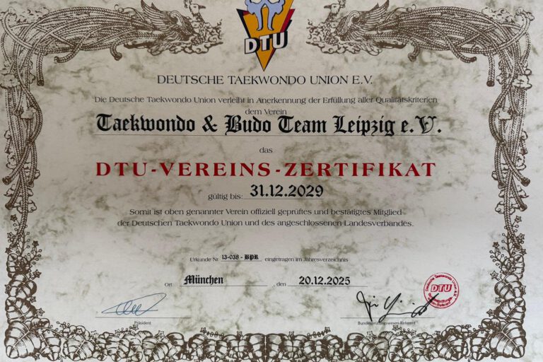 Urkunde der DTU zur Verleihung des DTU-Vereins-Zertifikates